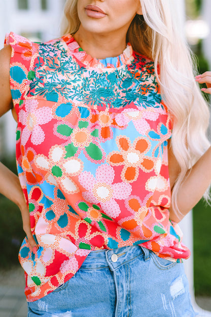 Floral Embroidered Frilled Tank Top
