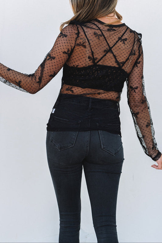 Bow Mesh Long Sleeve Top