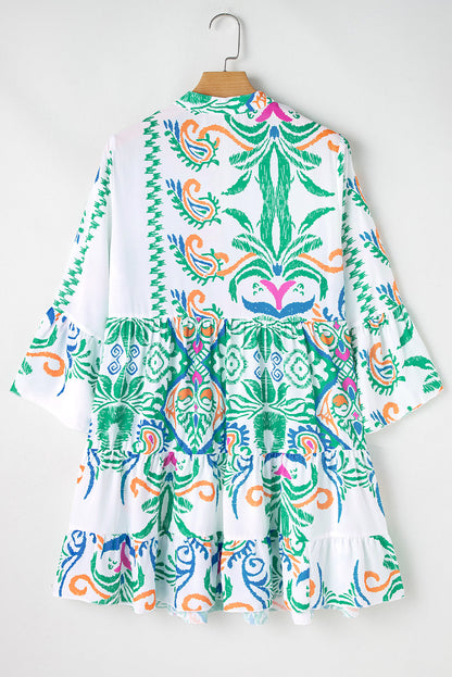 Boho 3/4 Sleeve Buttoned Mini Dress