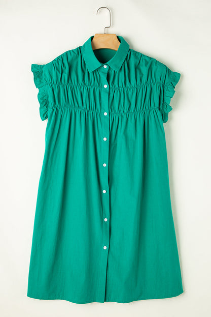Shirred Ruffle Sleeve Buttoned Dress