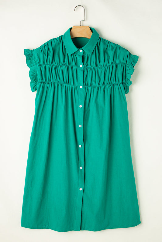 Shirred Ruffle Sleeve Buttoned Dress