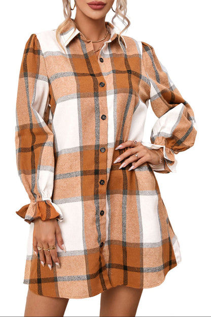 Plaid Ruffle Sleeve Shirt Dress