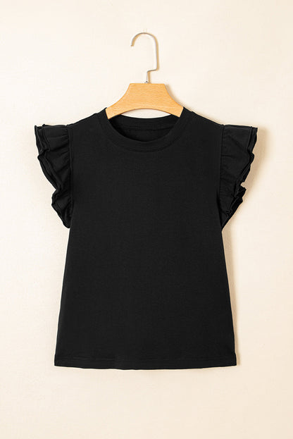 Solid Ruffle Sleeve Crewneck Top