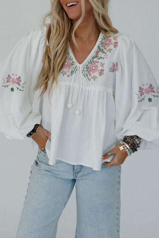 Floral Tied V-Neck Babydoll Blouse