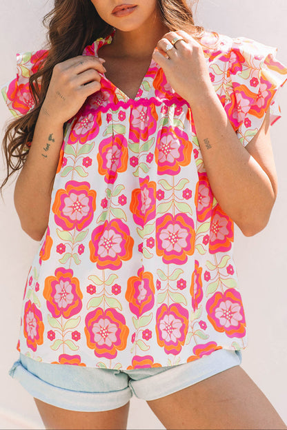 Floral Ric-Rac Ruffle Sleeve Blouse