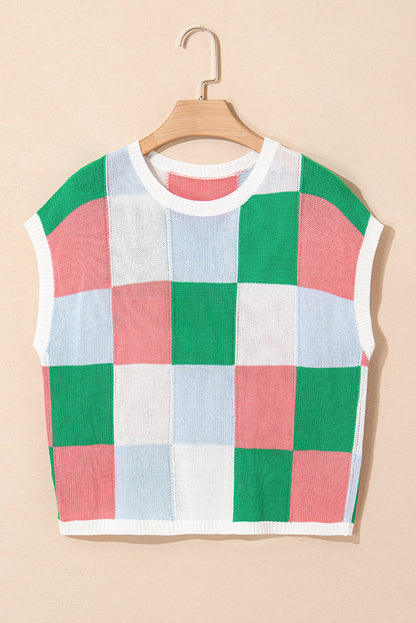 Colorblock Checker Cap Sleeve Sweater