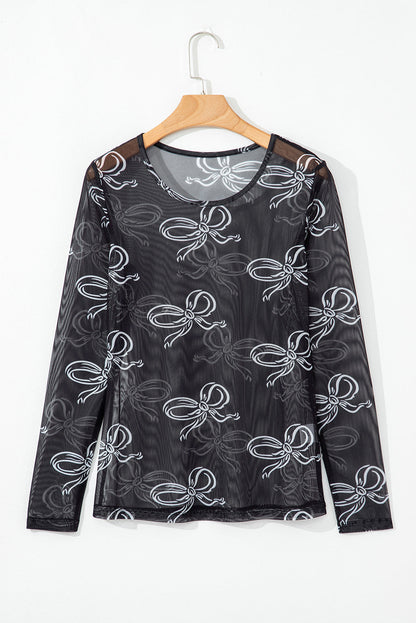 Bow Mesh Long Sleeve Top
