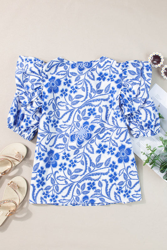 Floral Ruffle Bubble Sleeve Blouse