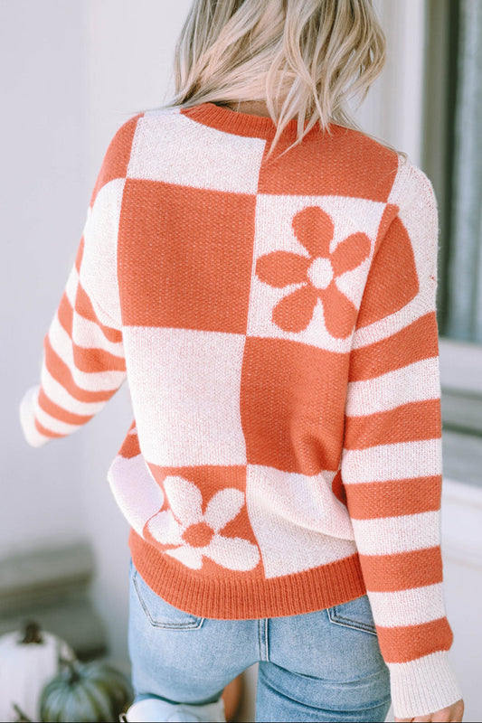 Checker Floral Stripe Patchwork Sweater