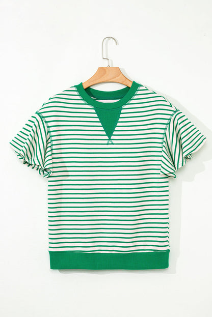 Stripe Contrast Trim Ruffle Sleeve Top