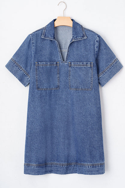 Denim Collared V-Neck Pocketed Dress