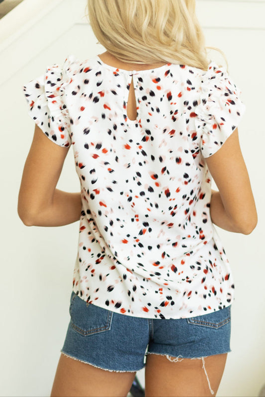 Abstract Ruffle Flutter Sleeve Blouse