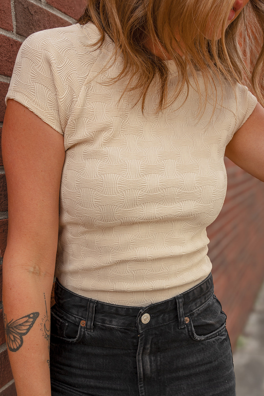 Textured Raglan Cap Sleeve T-Shirt