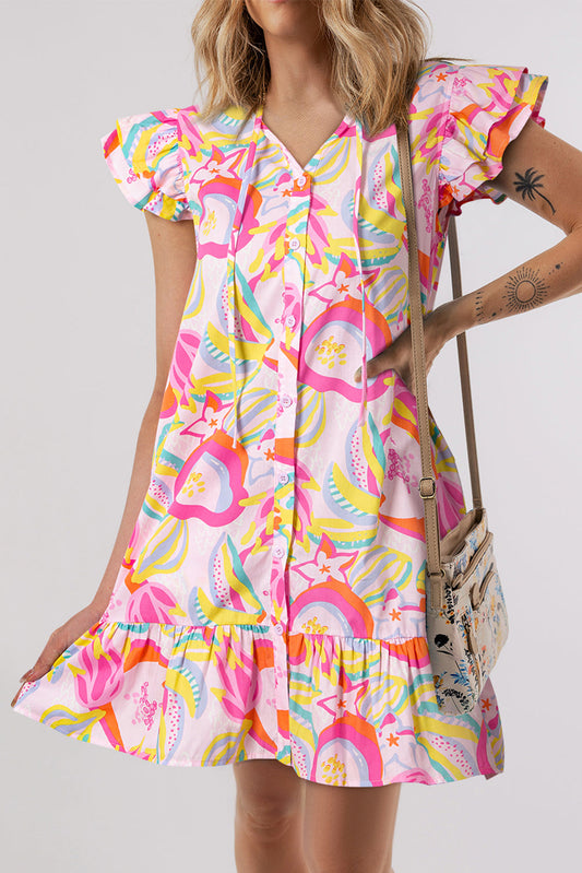 Abstract Floral Ruffle Buttoned Dress