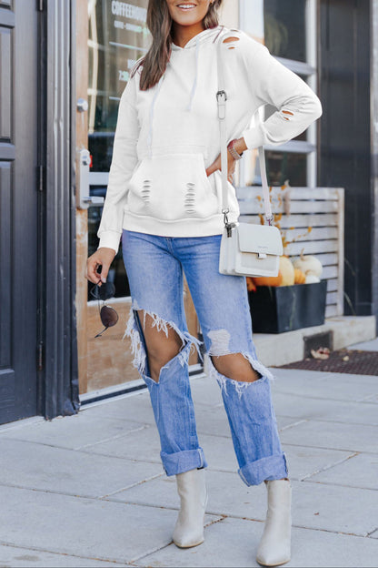 Solid Ripped Hooded Sweatshirt