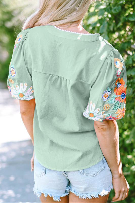 Floral Embroidered Puff Sleeve Blouse