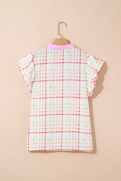 Plaid Colorblock Flutter Sleeve Blouse
