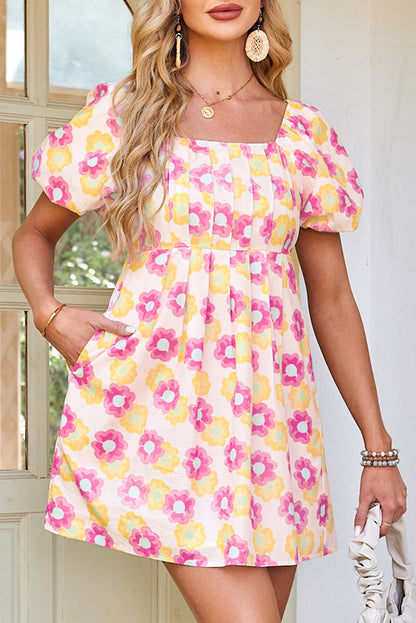 Floral Pleated Puff Sleeve Dress