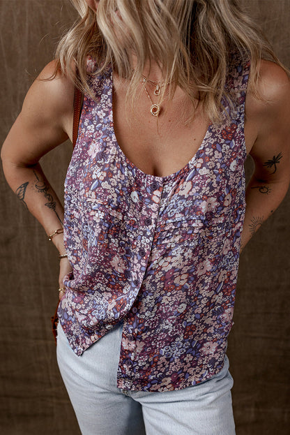 Floral Pleated Button Up Tank Top