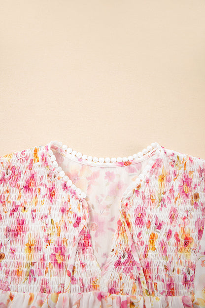 Floral Tassel Tie Smocked Blouse