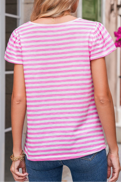 Stripe V-Neck Ruffle Sleeve Top