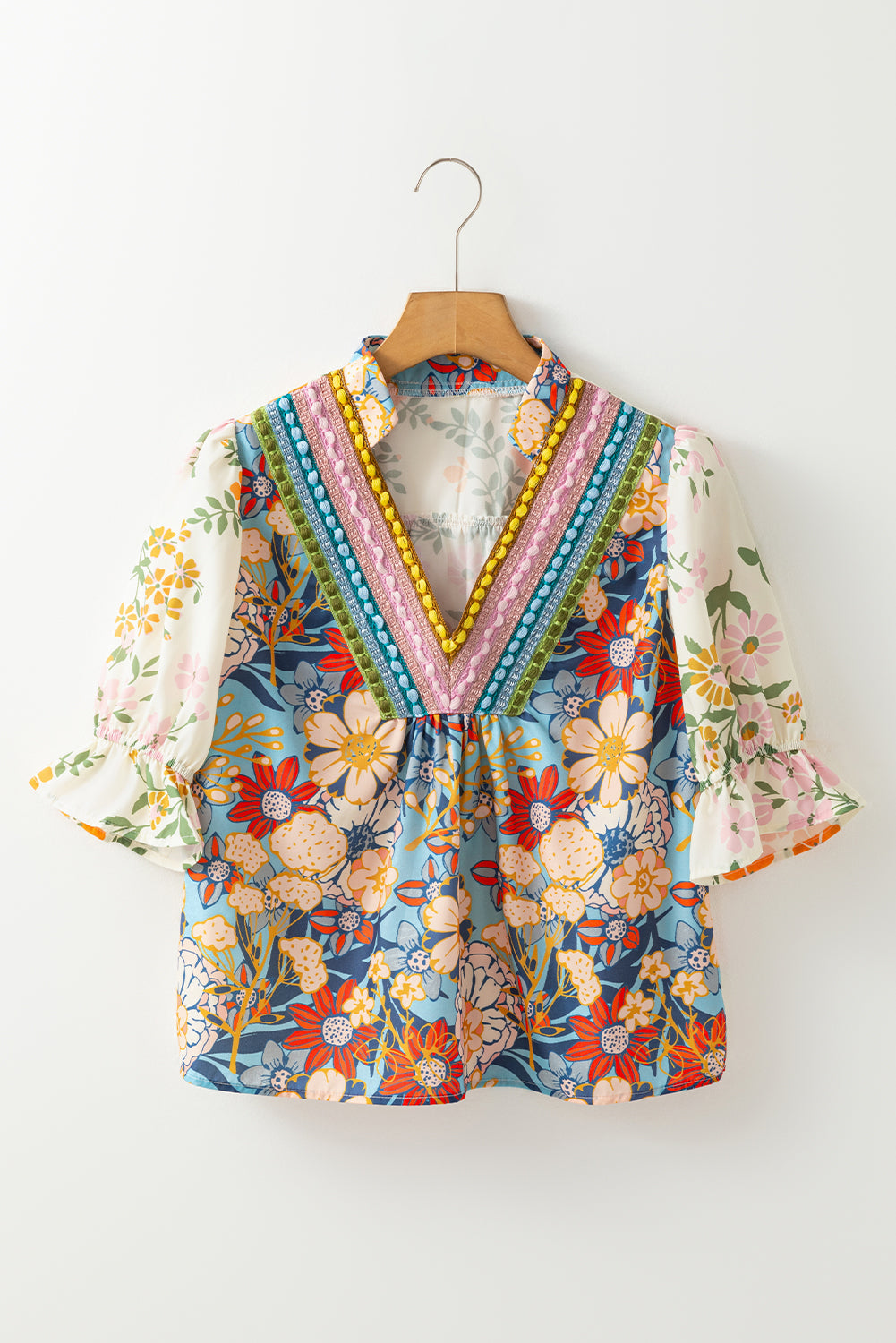 Boho Floral Crochet V-Neck Blouse