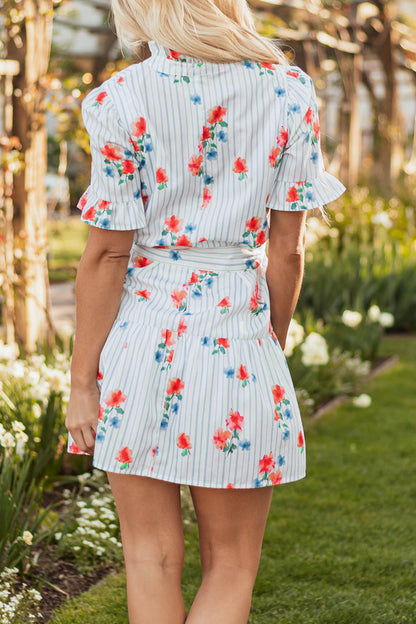 Stripe Floral Belted Mini Dress