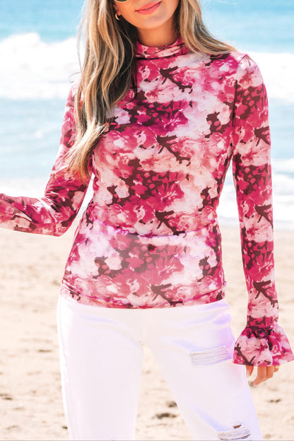 Floral Mesh Mock Neck Blouse