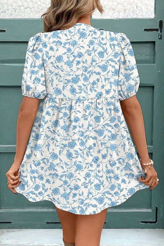 Floral Bow Puff Sleeve Mini Dress