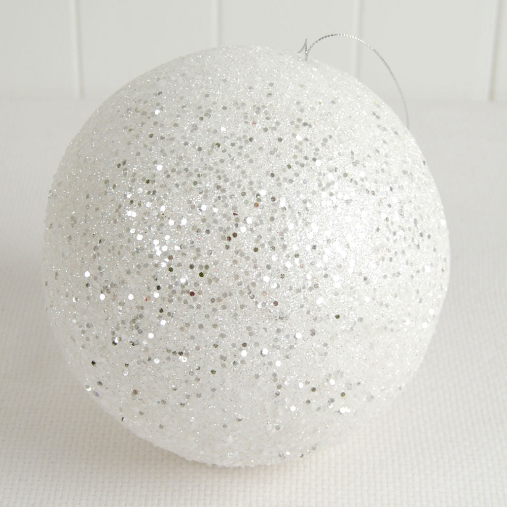 5" glitter ball ornament, white