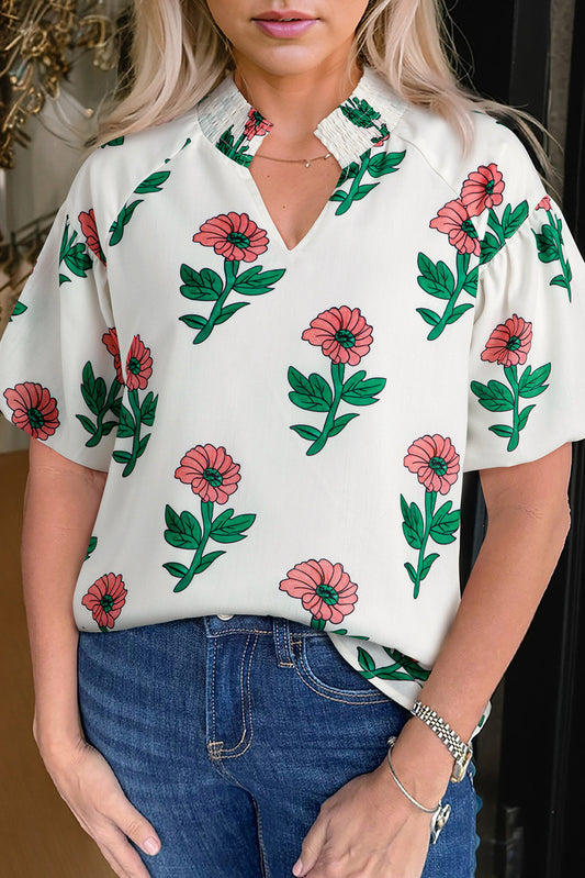 Floral Shirred Split Neck Blouse
