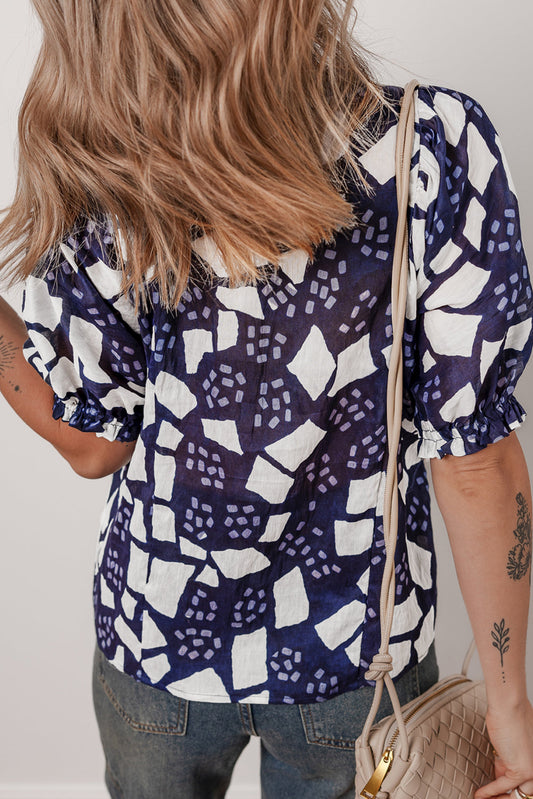 Abstract Frilled Puff Sleeve Blouse