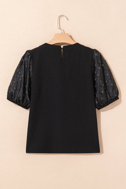 Feather Patchwork Bubble Sleeve Blouse