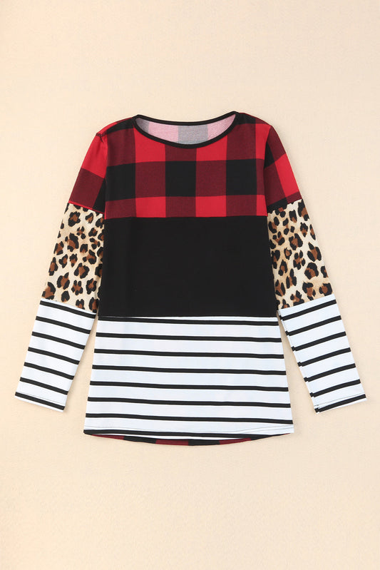 Colorblock Plaid Long Sleeve Top