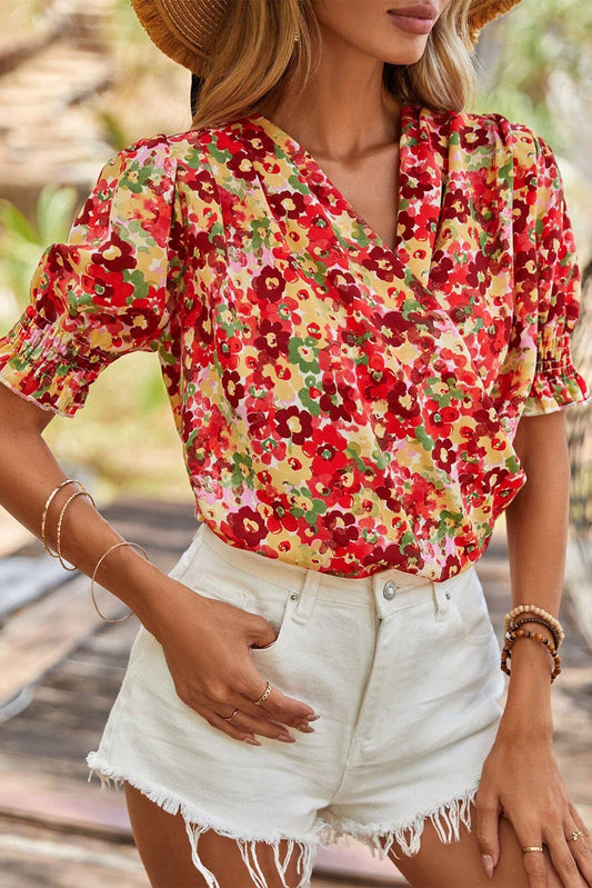 Floral Pleated Wrap V-Neck Blouse
