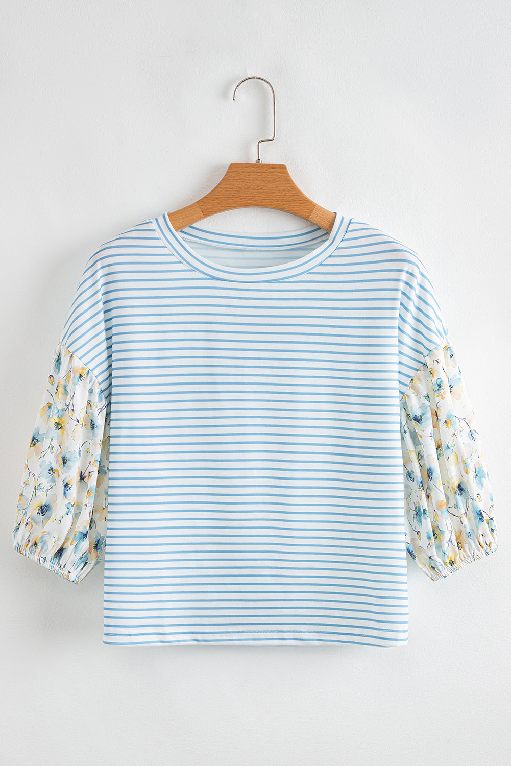 Stripe Floral 3/4 Puff Sleeve Top