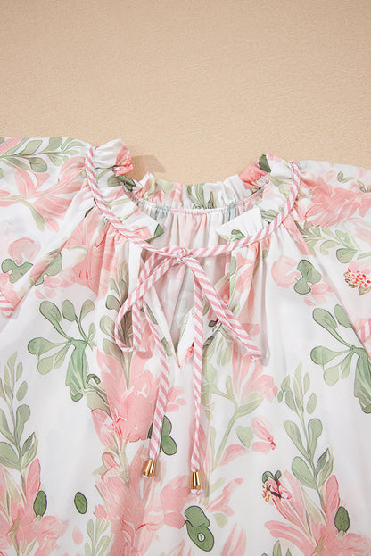 Floral Stripe Contrast Ruffle Sleeve Blouse