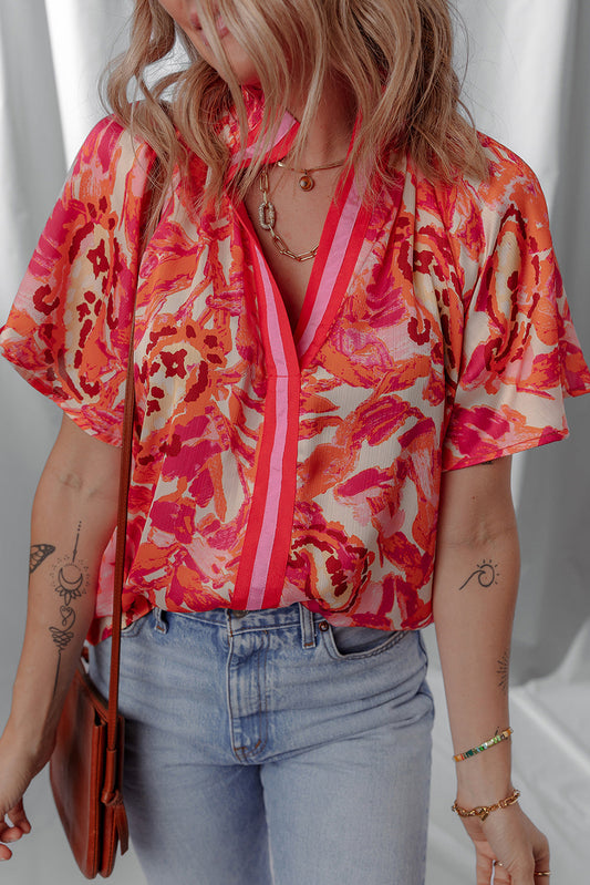 Abstract Stripe Trim Split Neck Blouse