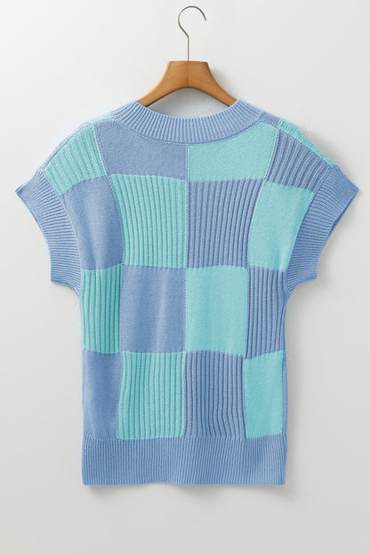 Colorblock Checker Short Sleeve Sweater