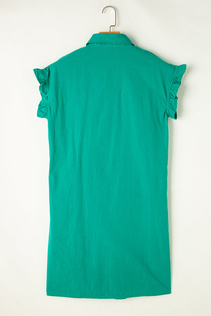 Shirred Ruffle Sleeve Buttoned Dress