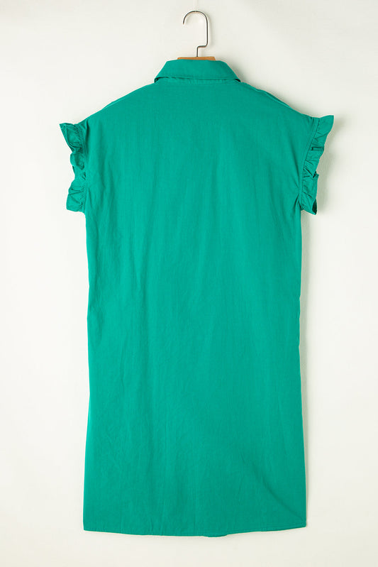 Shirred Ruffle Sleeve Buttoned Dress