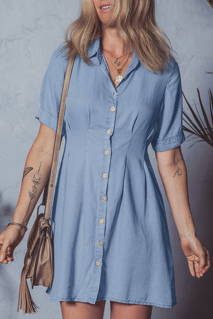 Denim Pleated Short Sleeve Shirt Dress
