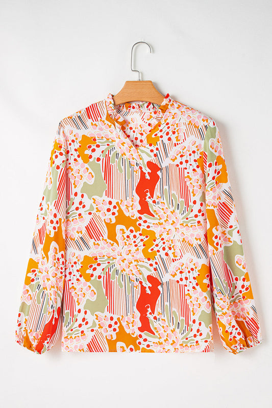 Abstract Puff Sleeve V-Neck Blouse