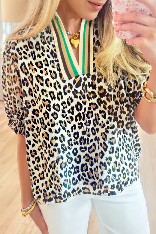 Leopard Contrast Stripe V-Neck Blouse