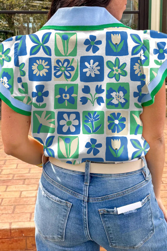 Floral Colorblock Flutter Sleeve Blouse
