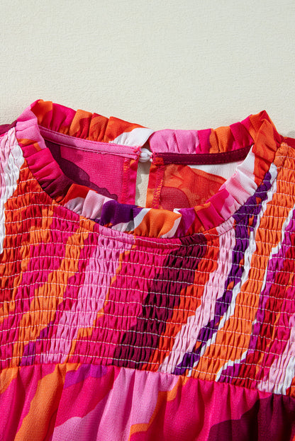 Abstract Shirred Ruffle Sleeve Blouse