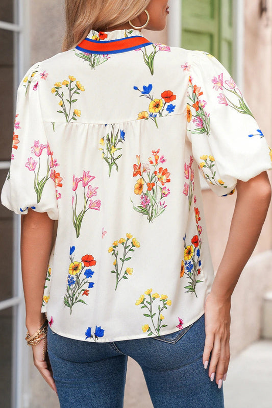 Floral Contrast Puff Sleeve Blouse