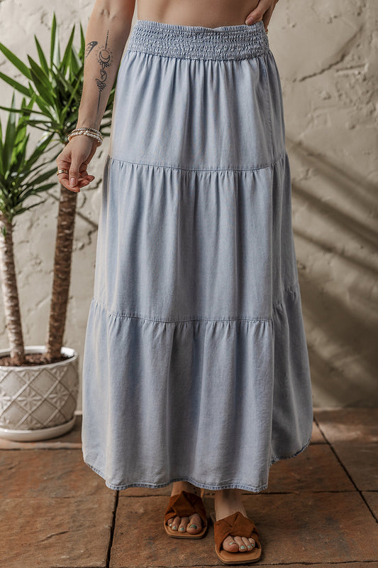 Denim Smocked Tiered Maxi Skirt