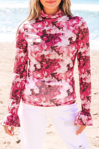 Floral Mesh Mock Neck Blouse