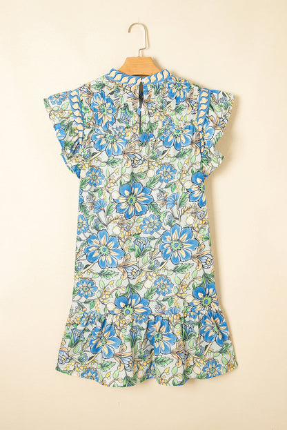 Floral Pleated Ruffle Sleeve Dress